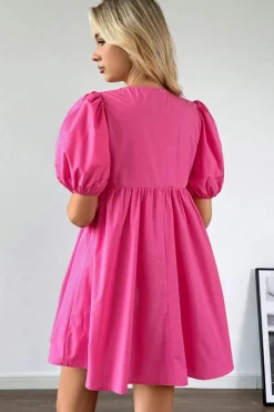 Sale Dear-Lover Solid Color Puff Sleeve Tie Front High Waist Mini Dress Bright Pink