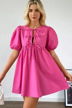 Sale Dear-Lover Solid Color Puff Sleeve Tie Front High Waist Mini Dress Bright Pink