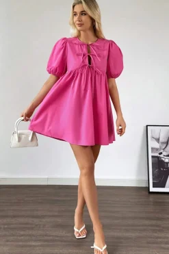 Sale Dear-Lover Solid Color Puff Sleeve Tie Front High Waist Mini Dress Bright Pink