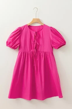 Sale Dear-Lover Solid Color Puff Sleeve Tie Front High Waist Mini Dress Bright Pink