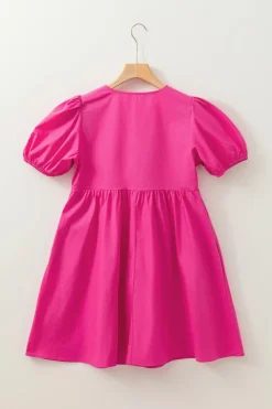 Sale Dear-Lover Solid Color Puff Sleeve Tie Front High Waist Mini Dress Bright Pink