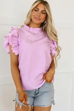 Discount Dear-Lover Solid Color Scalloped Ruffle Sleeve Top Bright Pink