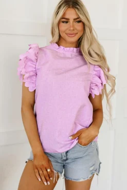 Discount Dear-Lover Solid Color Scalloped Ruffle Sleeve Top Bright Pink
