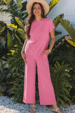 New Dear-Lover Solid Corded Knit Short Sleeve T Shirt and Wide Leg Pants Set Bright Pink