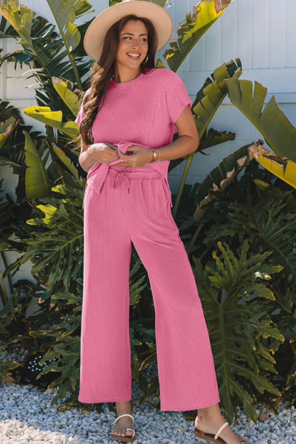 New Dear-Lover Solid Corded Knit Short Sleeve T Shirt and Wide Leg Pants Set Bright Pink