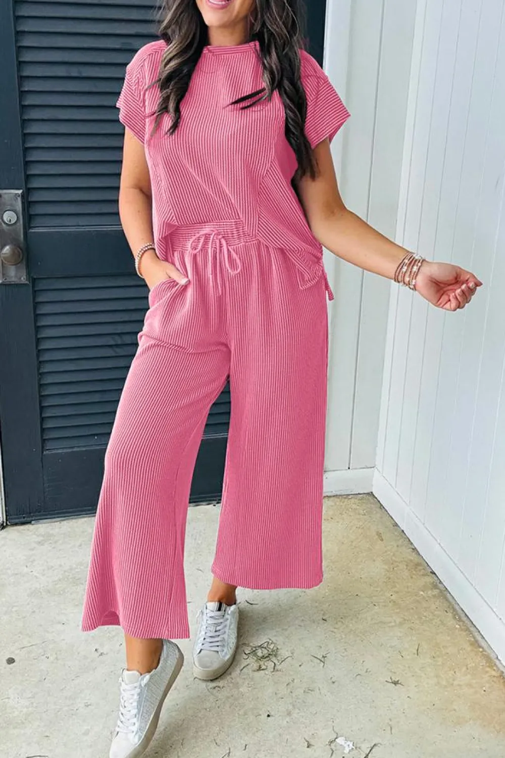 New Dear-Lover Solid Corded Knit Short Sleeve T Shirt and Wide Leg Pants Set Bright Pink