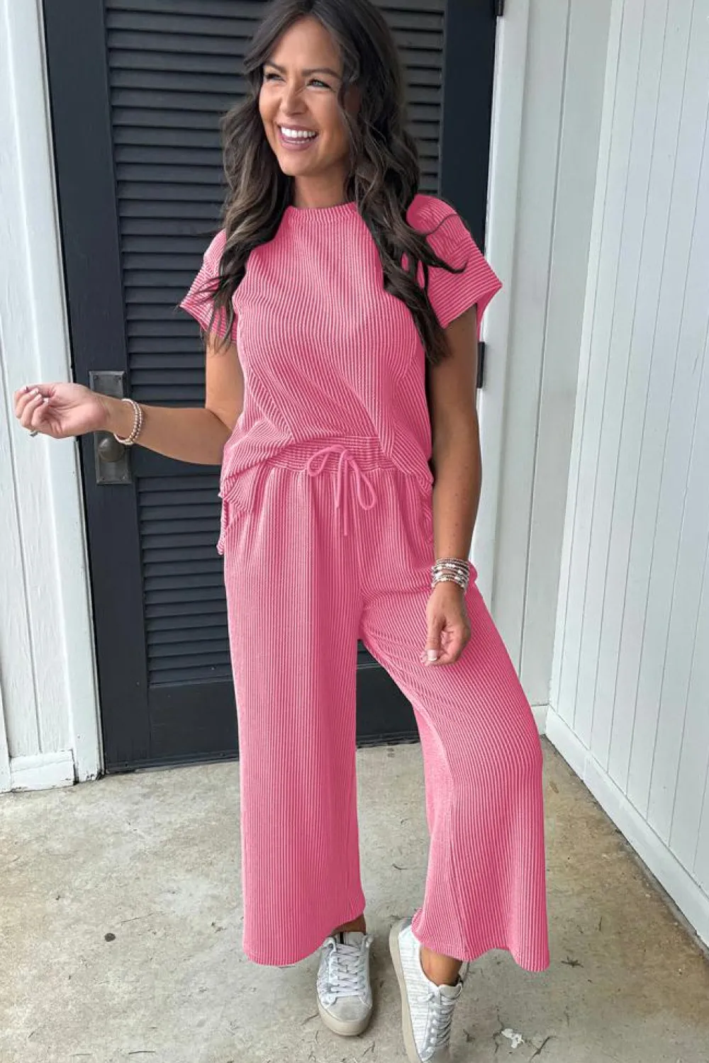 New Dear-Lover Solid Corded Knit Short Sleeve T Shirt and Wide Leg Pants Set Bright Pink