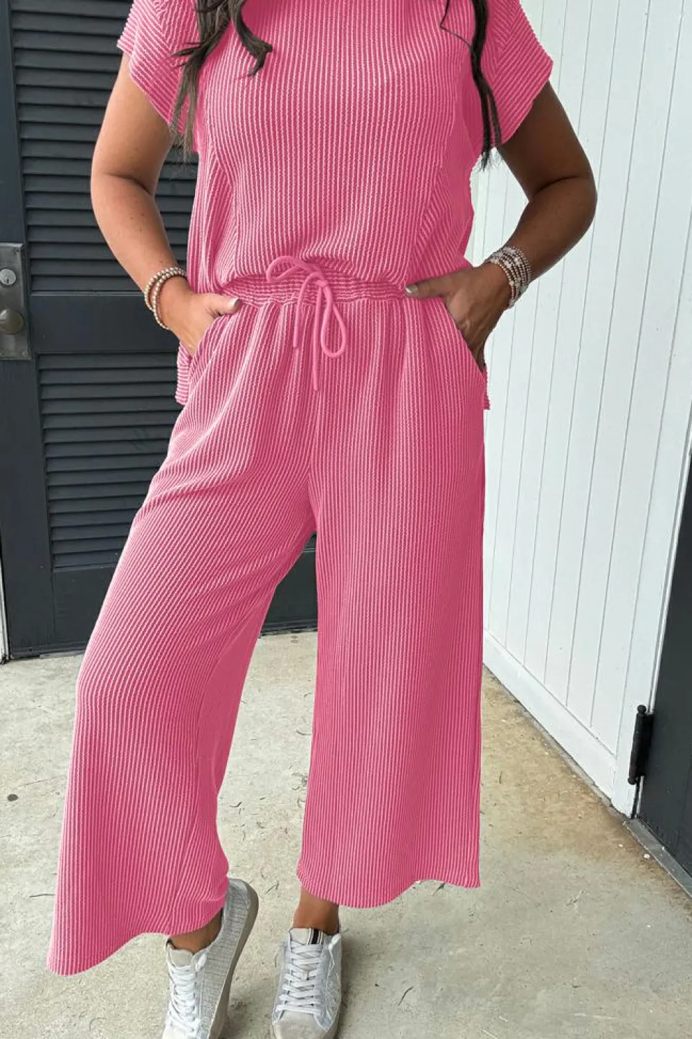 New Dear-Lover Solid Corded Knit Short Sleeve T Shirt and Wide Leg Pants Set Bright Pink