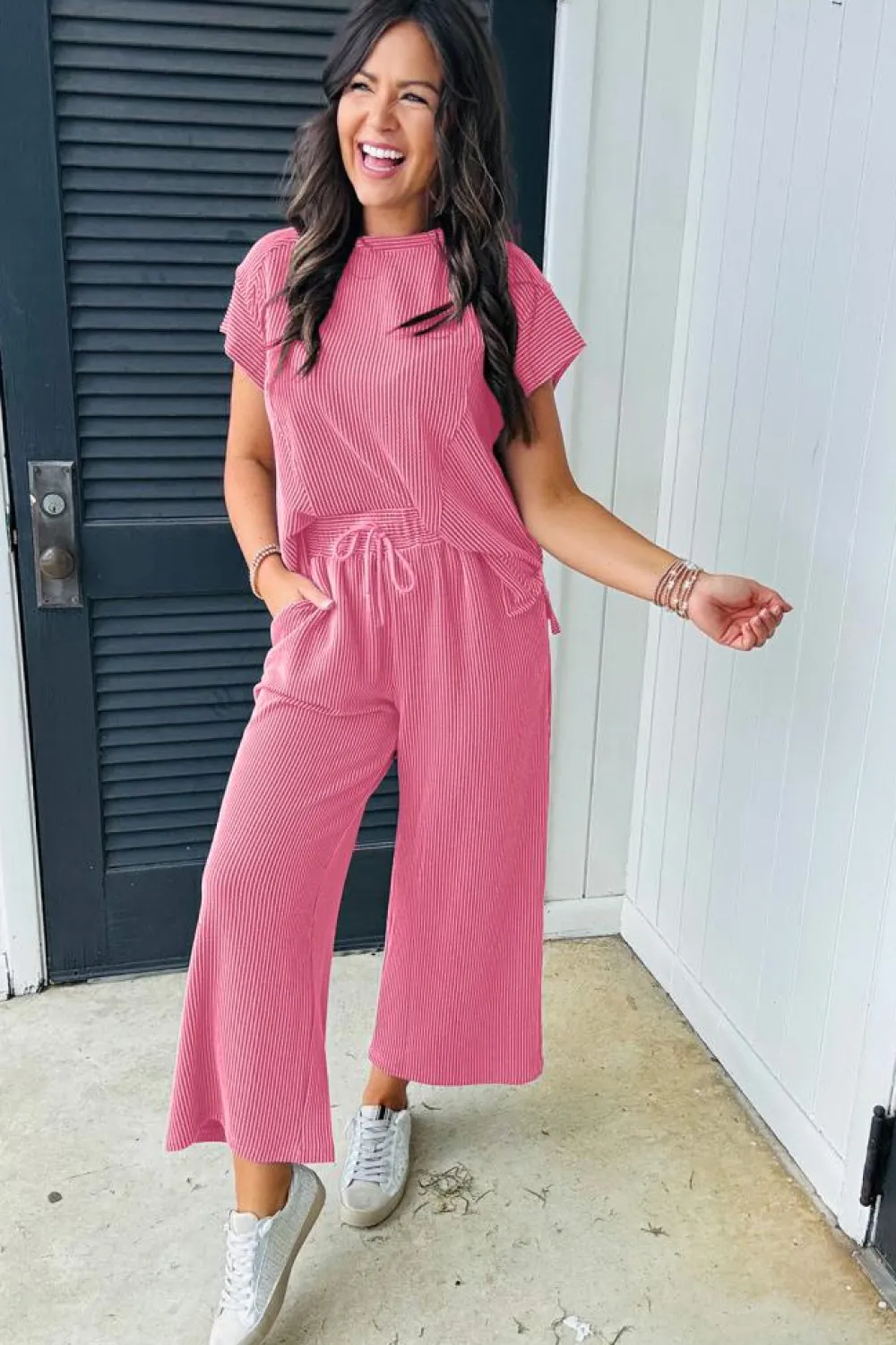 New Dear-Lover Solid Corded Knit Short Sleeve T Shirt and Wide Leg Pants Set Bright Pink
