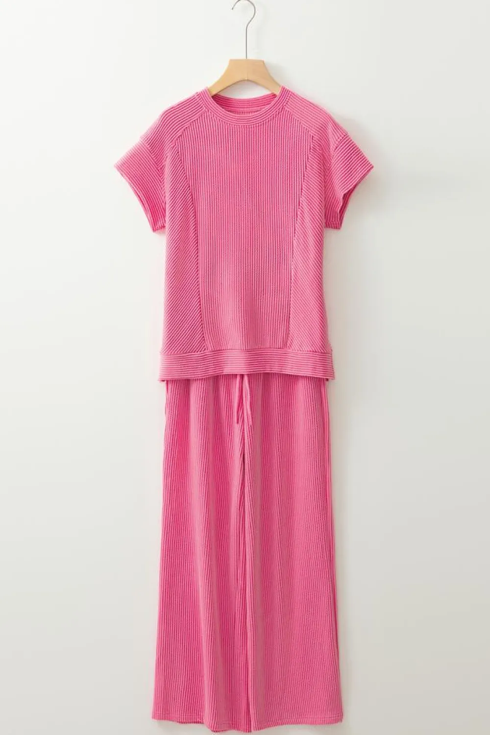 New Dear-Lover Solid Corded Knit Short Sleeve T Shirt and Wide Leg Pants Set Bright Pink
