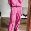 Hot Dear-Lover Solid Seamed Zipper Jacket and Drawstring Waist Pants Set Bright Pink