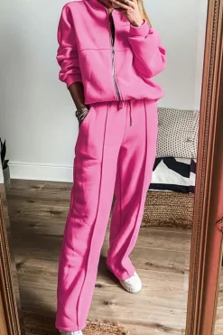 Hot Dear-Lover Solid Seamed Zipper Jacket and Drawstring Waist Pants Set Bright Pink