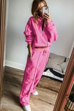 Hot Dear-Lover Solid Seamed Zipper Jacket and Drawstring Waist Pants Set Bright Pink