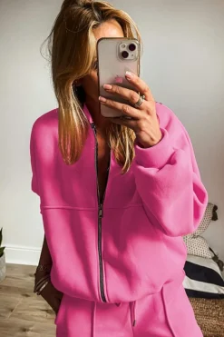 Hot Dear-Lover Solid Seamed Zipper Jacket and Drawstring Waist Pants Set Bright Pink