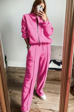 Hot Dear-Lover Solid Seamed Zipper Jacket and Drawstring Waist Pants Set Bright Pink