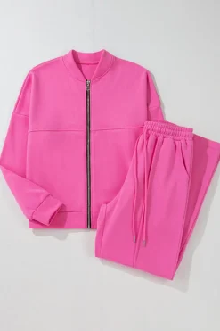 Hot Dear-Lover Solid Seamed Zipper Jacket and Drawstring Waist Pants Set Bright Pink