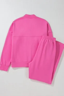 Hot Dear-Lover Solid Seamed Zipper Jacket and Drawstring Waist Pants Set Bright Pink