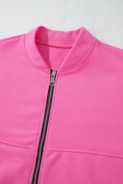 Hot Dear-Lover Solid Seamed Zipper Jacket and Drawstring Waist Pants Set Bright Pink