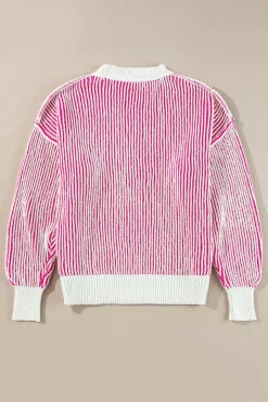 Online Dear-Lover Striped Textured Knit Contrast Edge Loose Sweater Bright Pink
