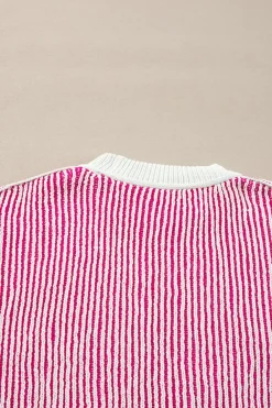 Online Dear-Lover Striped Textured Knit Contrast Edge Loose Sweater Bright Pink