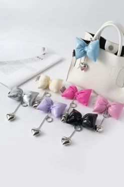 Sale Dear-Lover Sweet PU Leather Bow Knot Heart Keychain Bright Pink
