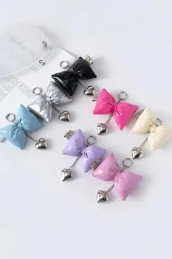 Sale Dear-Lover Sweet PU Leather Bow Knot Heart Keychain Bright Pink