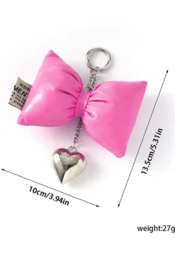 Sale Dear-Lover Sweet PU Leather Bow Knot Heart Keychain Bright Pink