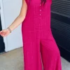 New Dear-Lover Terry Textured Sleeveless Button Front Wide Leg Jumpsuit Bright Pink