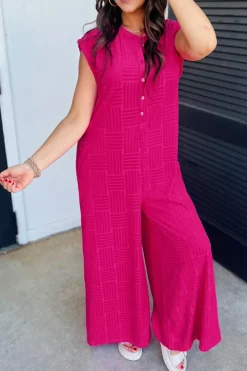 New Dear-Lover Terry Textured Sleeveless Button Front Wide Leg Jumpsuit Bright Pink