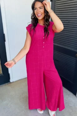 New Dear-Lover Terry Textured Sleeveless Button Front Wide Leg Jumpsuit Bright Pink