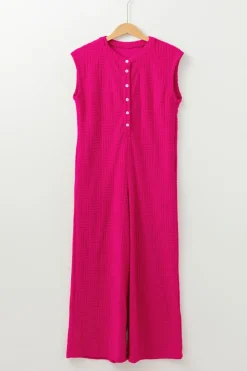 New Dear-Lover Terry Textured Sleeveless Button Front Wide Leg Jumpsuit Bright Pink