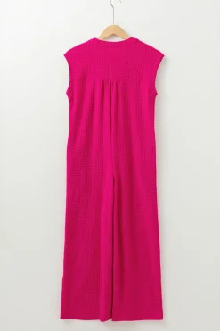 New Dear-Lover Terry Textured Sleeveless Button Front Wide Leg Jumpsuit Bright Pink