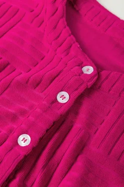 New Dear-Lover Terry Textured Sleeveless Button Front Wide Leg Jumpsuit Bright Pink