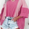 Fashion Dear-Lover Textured Colorblock 3/4 Sleeve Oversize Top Bright Pink