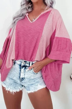 Fashion Dear-Lover Textured Colorblock 3/4 Sleeve Oversize Top Bright Pink