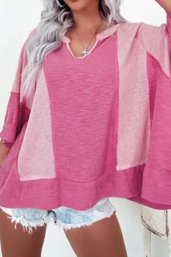 Fashion Dear-Lover Textured Colorblock 3/4 Sleeve Oversize Top Bright Pink