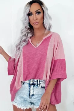 Fashion Dear-Lover Textured Colorblock 3/4 Sleeve Oversize Top Bright Pink