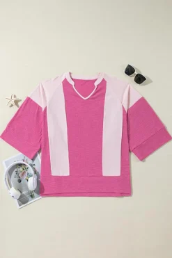 Fashion Dear-Lover Textured Colorblock 3/4 Sleeve Oversize Top Bright Pink