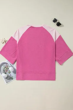 Fashion Dear-Lover Textured Colorblock 3/4 Sleeve Oversize Top Bright Pink