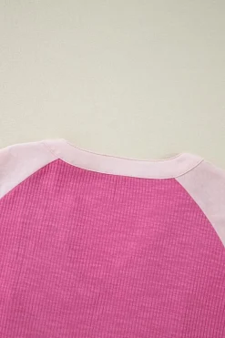Fashion Dear-Lover Textured Colorblock 3/4 Sleeve Oversize Top Bright Pink