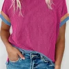 Hot Dear-Lover Textured Contrast Trim Round Neck T Shirt Bright Pink