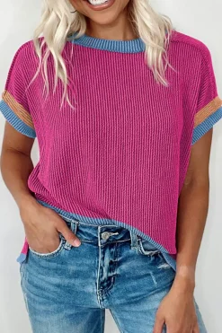 Hot Dear-Lover Textured Contrast Trim Round Neck T Shirt Bright Pink