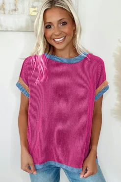 Hot Dear-Lover Textured Contrast Trim Round Neck T Shirt Bright Pink