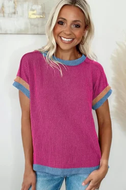 Hot Dear-Lover Textured Contrast Trim Round Neck T Shirt Bright Pink