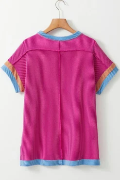Hot Dear-Lover Textured Contrast Trim Round Neck T Shirt Bright Pink