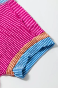 Hot Dear-Lover Textured Contrast Trim Round Neck T Shirt Bright Pink