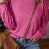 Fashion Dear-Lover Textured Patchwork Round Neck Sweatshirt Bright Pink