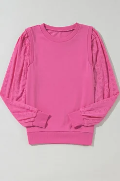 Fashion Dear-Lover Textured Patchwork Round Neck Sweatshirt Bright Pink