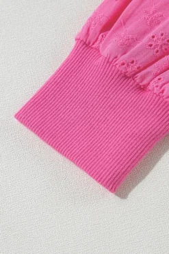 Fashion Dear-Lover Textured Patchwork Round Neck Sweatshirt Bright Pink