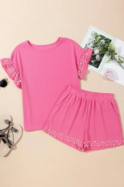 Hot Dear-Lover Textured Pearled Ruffle Sleeve Top 2 Piece Shorts Set Bright Pink